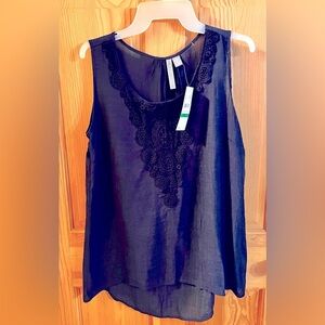 By Design Navy Blue Lace Embroidered Boho Sleeveless Blouse Tank Top Petite PL